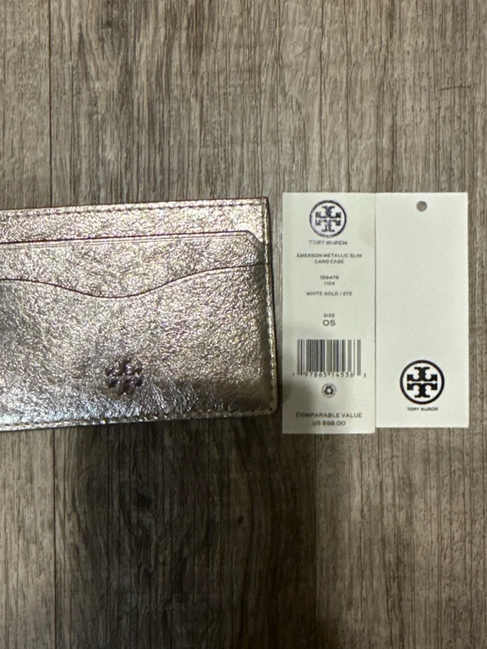Tory Burch White Gold Metallic Slim Card Holder